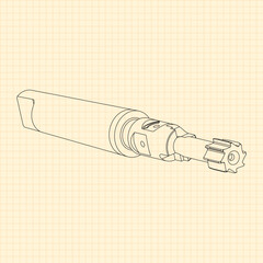 Mechanical engineering drawings. Tap tools, borer. Technical Design. Cover. Blueprint. Step Cutting Tool with Countersinking Function. Technical 3D Vector Illustration
