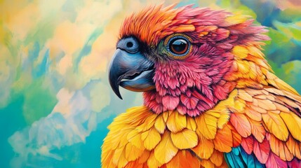 Fototapeta premium Colorful parrot portrait, vibrant plumage, jungle background, nature illustration