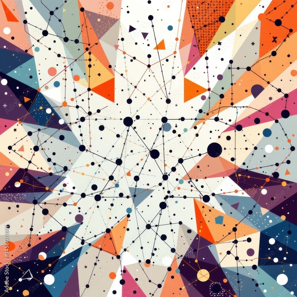 Poster a mesmerizing geometric composition featuring interconnected dots, lines, and triangles creating a d
