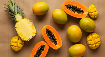 Exotic Fruits Still Life With Pineapple Mango And Papaya Slices Top View