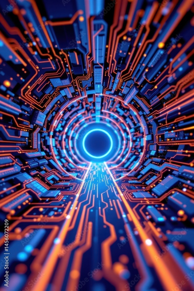 Poster the 3d digital circuit system tunnels and waves are intricately designed with digital circles in the