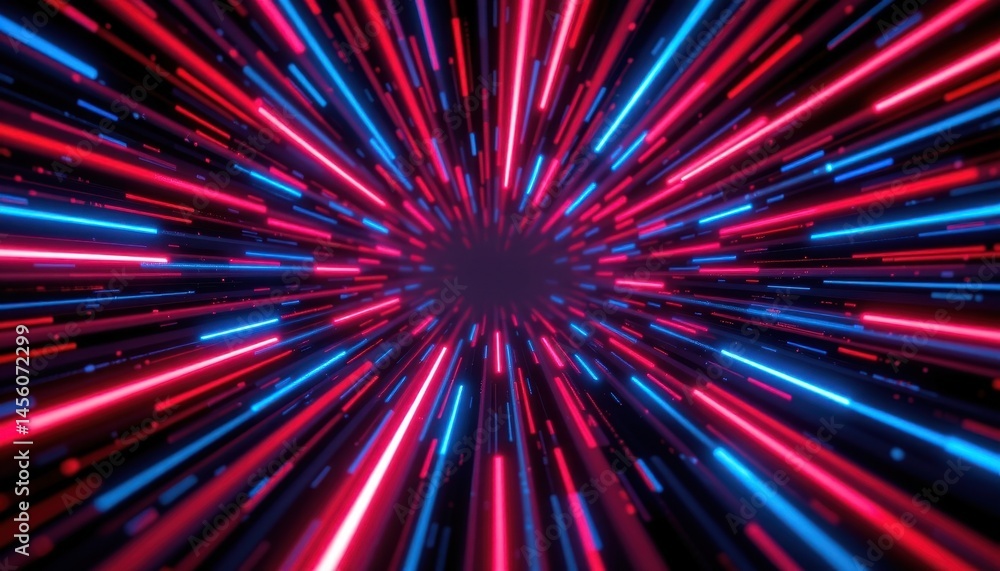 Poster the computer generated 3d illustration features vibrant red and blue rays set against a sleek black 