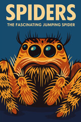 Illustrated Jumping Spider Graphic with Detailed Features on Blue Background