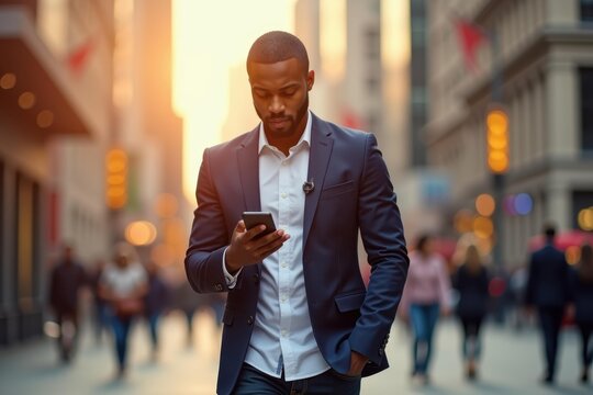 Businessman walking. Esg fintech Audio to text Talent marketplace Pretexting Blockchain development developer PeopleStrong Vergesense Zelle PolyAI African American man, blue suit, city str