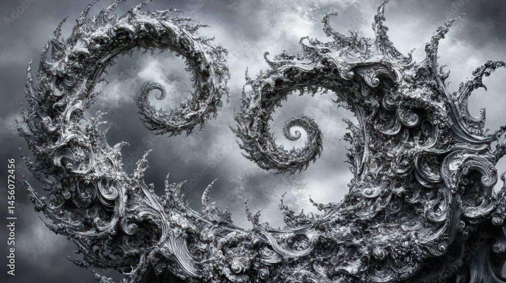 Poster monochrome fractal spirals intertwining in the ether ethereal forms cascading shades of grey in a me