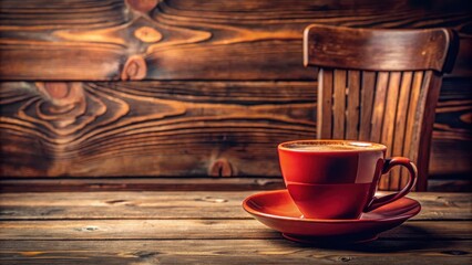 Warm brown red coffee cup placed on a rustic wooden table with natural wood grain texture and old wooden chair in the background , rustic, beverage