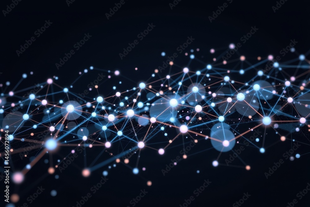 Poster a dark background featuring a complex network of interconnected geometric shapes, formed by a series