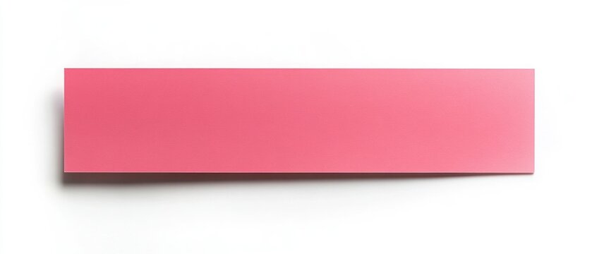 Pink rectangular sticker sits against white backdrop casting distinct shadow offering minimalist presentation.