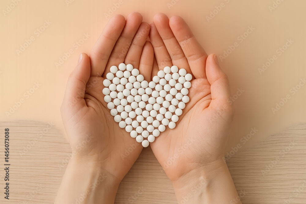 Poster hands holding white pills arranged in a heart shape on a neutral background to symbolize health and 