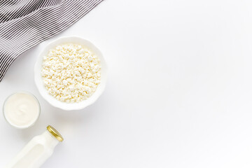 Protein food concept. Various dairy products - milk and cottage cheese with sour cream