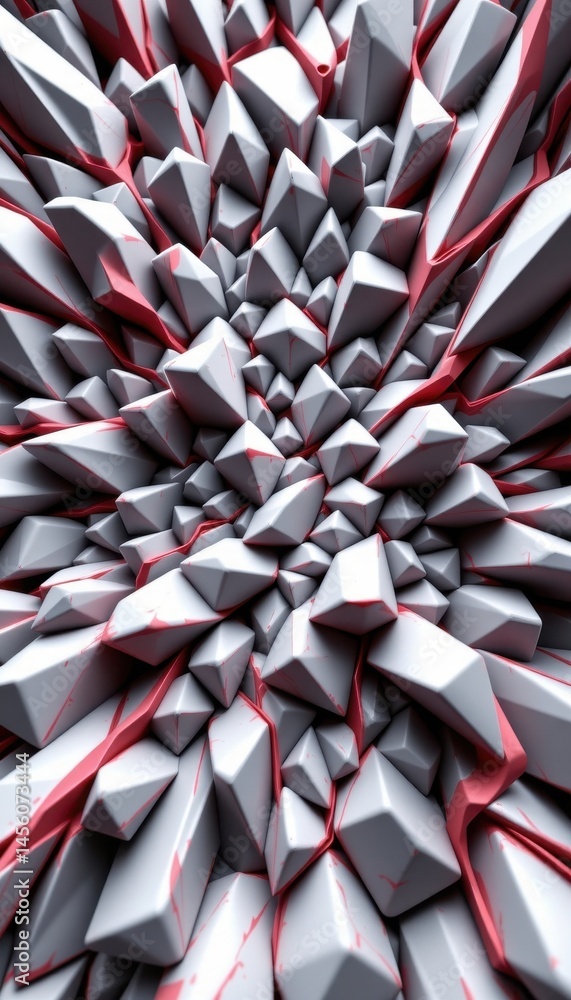 Poster a mesmerizing 3d rendering featuring a chaotic surface with futuristic polygonal shapes and sharp li
