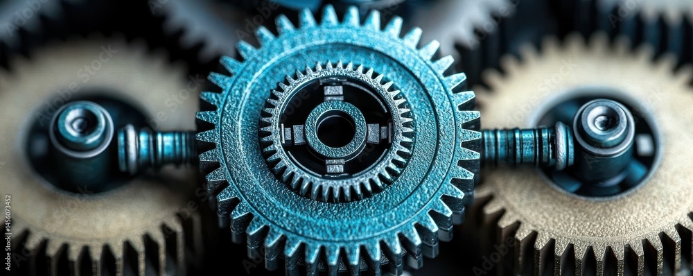 Poster close-up of nano scale mechanical gears in assembly process featuring intricate details and fine tex