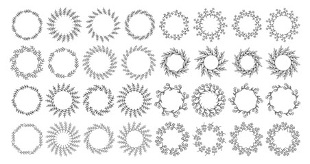 Line art flower circle frame set. Hand drawn black round line border, leaves and flowers, wedding invitation and cards, logo design and posters template. Elegant minimal style floral isolated set