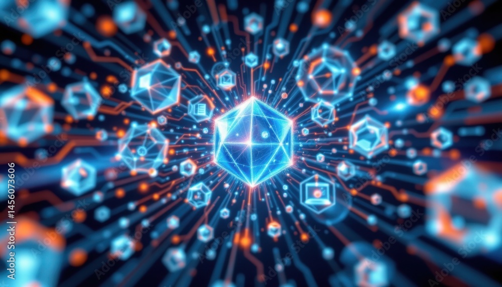 Poster the digitally generated image showcases a network of interconnected geometric shapes symbolizing sci