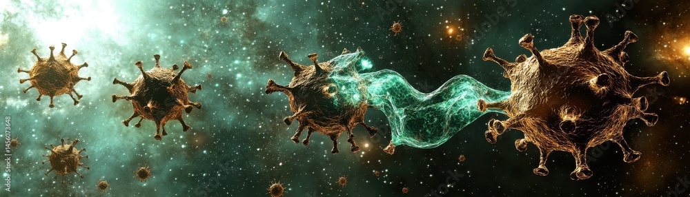 Poster concept of a virus shape shifting into a new form, showcasing dynamic movement and transformation ag