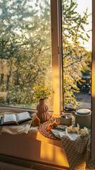 Cozy window nook with open book, ceramic vase of yellow flowers, cup of tea, teapot, and spring blossoms at sunset. Warm golden light creates a peaceful, reflective mood