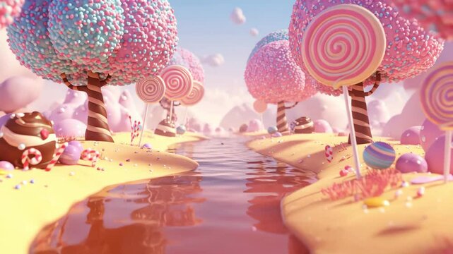Sweet candy land landscape with lollipop trees and chocolate river view - Powered by Adobe