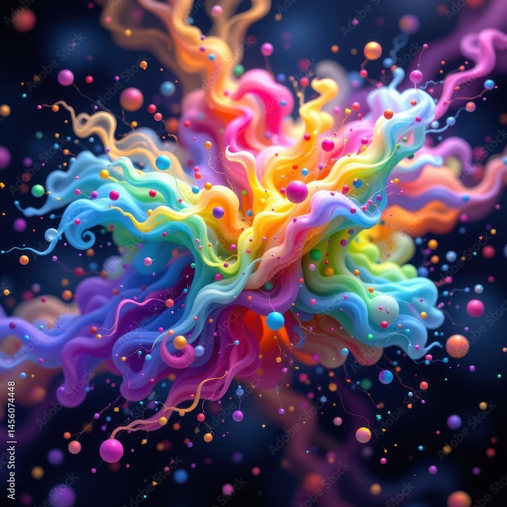 Poster the 3d rendering showcases a mesmerizing multicolored vibrant abstract cloud of fluid particles floa