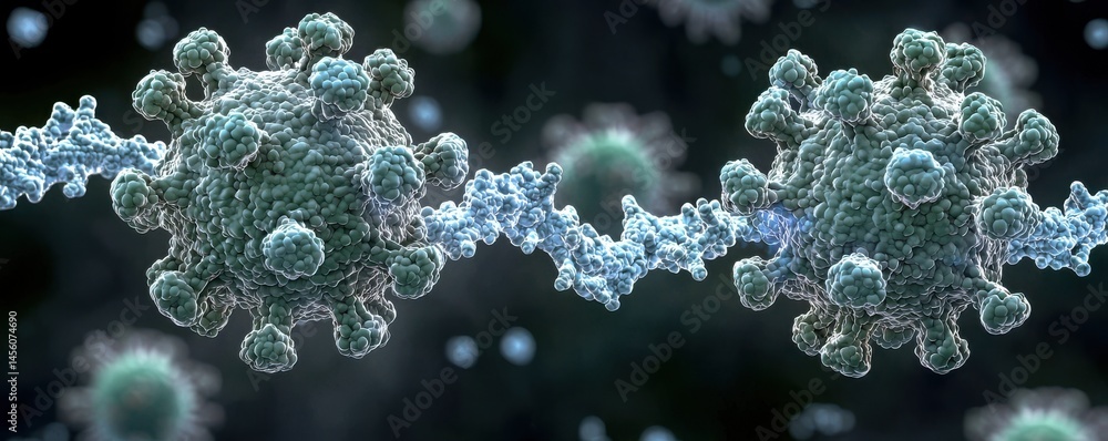 Poster detailed close-up of viral rna strands fusing and splitting, visualizing cellular processes at micro