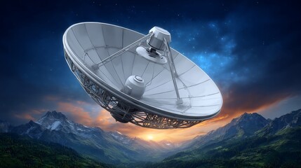 Satellite dish floating above a mountainous landscape during sunset