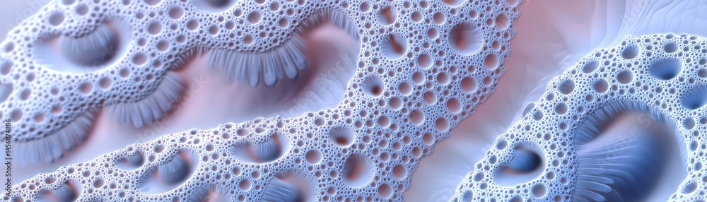 Poster abstract digital art depicting microbial life forms in the deep sea environment with intricate patte
