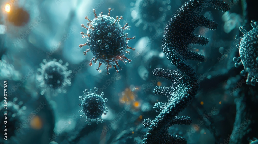 Poster conceptual visualization of the evolution of human cloning representing microscopic structures and g