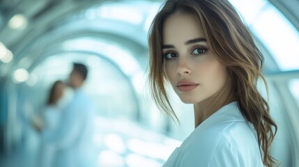 Obraz premium Close-up portrait of a woman in a modern setting.