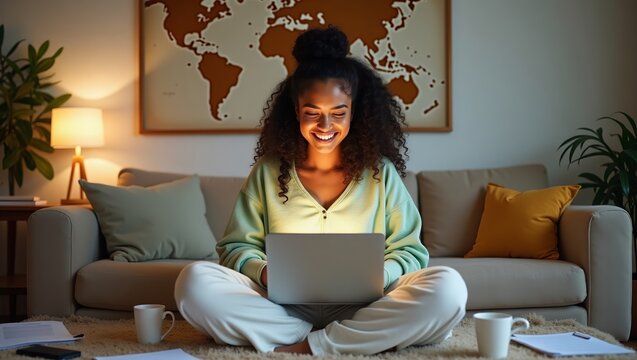 A joyful young woman with curly hair sits on a cozy rug, smiling at her laptop in a warmly lit living room. - Powered by Adobe