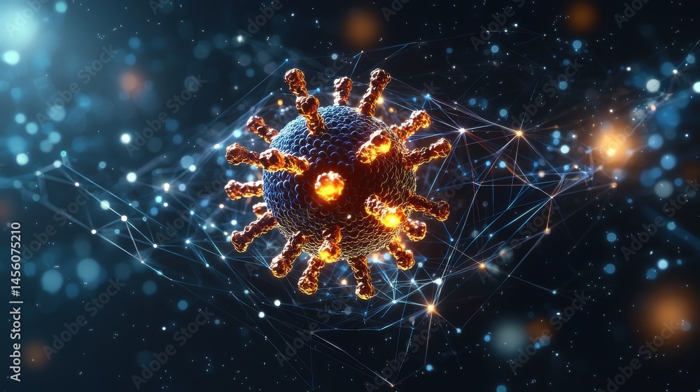 Poster abstract representation of evolving microorganism with illuminated details against a dark background