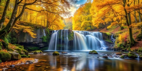 Obraz premium Golden hues of autumn leaves cascade into a serene and peaceful waterfall scene, surrounded by tall trees with vibrant foliage colors , woodland atmosphere, picturesque waterfall