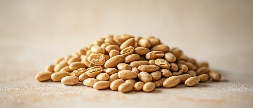 Pile of pinto beans sits on surface, illuminated with soft, neutral lighting.