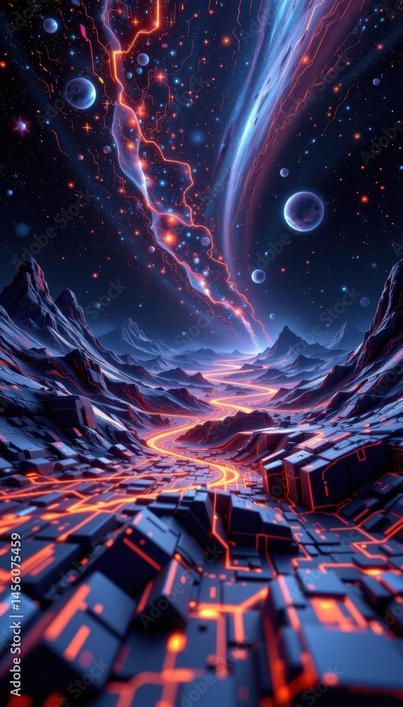 Poster a mesmerizing 3d illustration showcasing an abstract landscape of outer space, filled with starry te