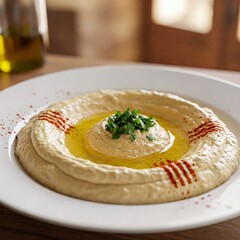 Hummus Dish Garnished with Olive Oil and Parsley on White Plate