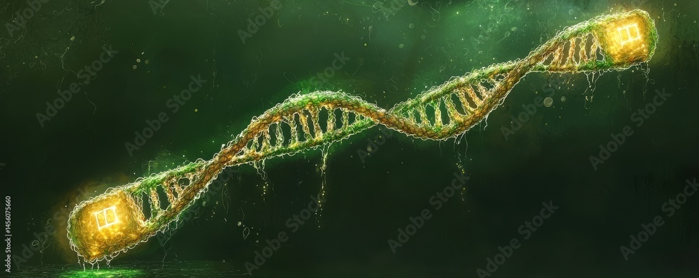 Poster conceptual display of dna structure as a biological symbol in a vibrant green environment with energ