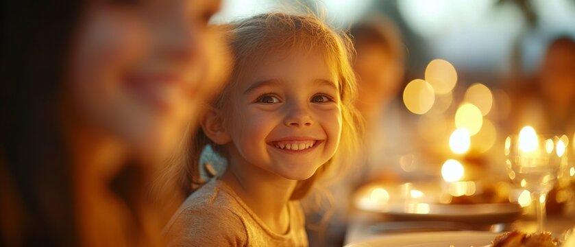 Caucasian little girl smiles brightly during family dinner, illuminating warmth and joy among loved ones.