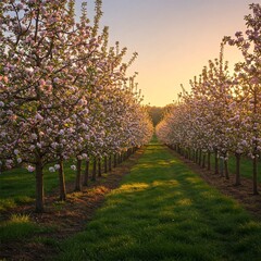 Apple Orchard in Full Bloom at Sunset