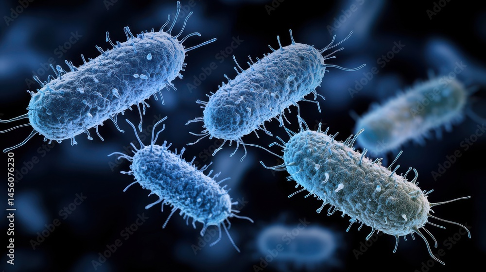 Poster conceptual image of mutated microorganisms underlying advanced bacterial structures in a microscopic