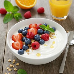 Yogurt Bowl with Berries, Granola, and Orange Juice