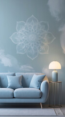 modern interior design with blue couch table and lamp in front of gypsum mandala wall in washed blue aesthetic Interior Design Inspiration Photography