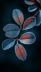 Vibrant Orange and Blue Frost Covered Leaves, Close Up Nature Photography, Abstract Background