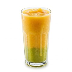 A vibrant, two-layered smoothie in a clear glass, featuring a green bottom layer and a yellow-orange top layer, suggesting a blend of tropical fruits.