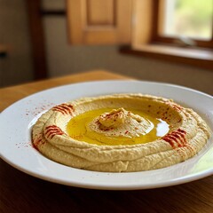 Hummus in a White Ceramic Bowl on kitchen Background