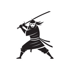 Samurai Silhouette with Katana in Battle Stance, Minimalist Black and White Design