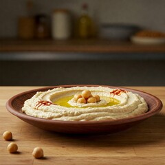 Hummus in a White Ceramic Bowl on kitchen Background