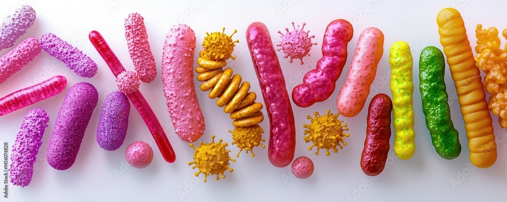 Poster comparative view of different bacterial shapes featuring round, rod, and spiral forms in vibrant col