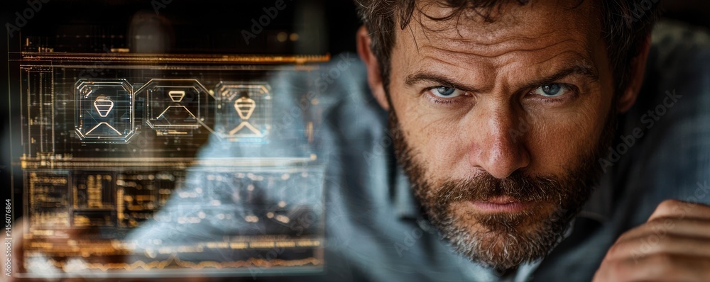 Poster businessman analyzing data on transparent display screen in modern office environment reflecting foc
