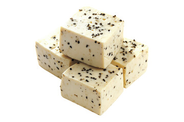 Cubes of seasoned tofu with visible herbs and spices, arranged in stack isolated on white transparent background, concept of healthy vegetarian protein option