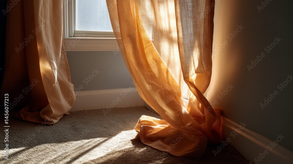 Poster soft rays of warm sunlight stream through a sheer curtain, casting gentle shadows on the carpeted fl
