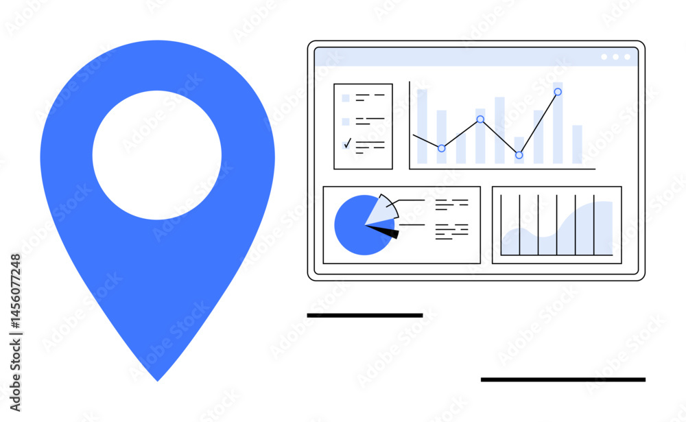Poster blue location pin beside a dashboard displaying charts, graphs, and data analysis. ideal for analyti