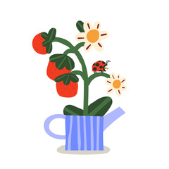 Cute vector illustration of a watering can with strawberries and ladybug on a white background